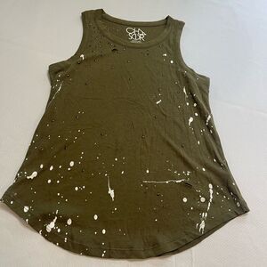 Chaser Paint Splatter Dark Olive Green Destroyed Distressed Tank Top Size Small